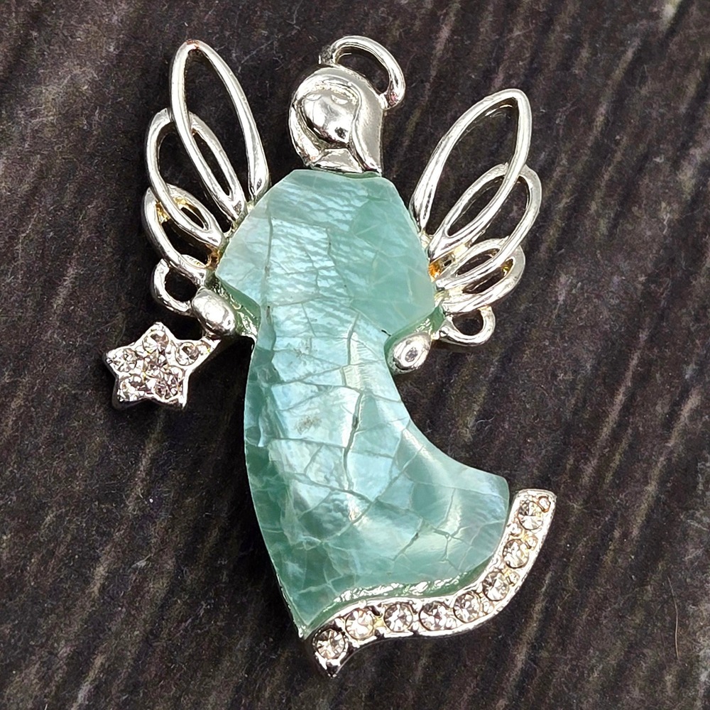 Liz Claiborne LC Vintage Angel Brooch Silver Tone Green Crackle Glass Rhinestone